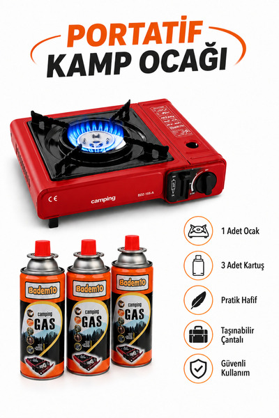 Badem10 (4'lü Set) Taşınabilir Portatif Kamp Ocağı Tek Gözlü 3 Adet Kartuş Ge...