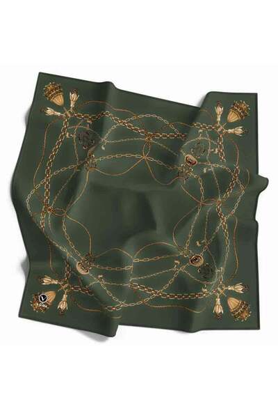 VİOLLA Kristal Geometrik Desenli Haki Renkli 90x90 Eşarp (İpek İçermez) Kenar...