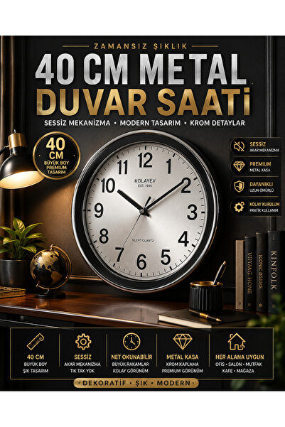 KOLAYEV 40 Cm Metal Krom Duvar Saati Sessiz Mekanizma Cam Klasik Modern Dekor...