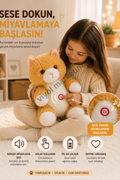 viyolmarketim Plush Cat with Sound 35 cm – Brown Soft Plush Toy, Sleeping and Play Companion