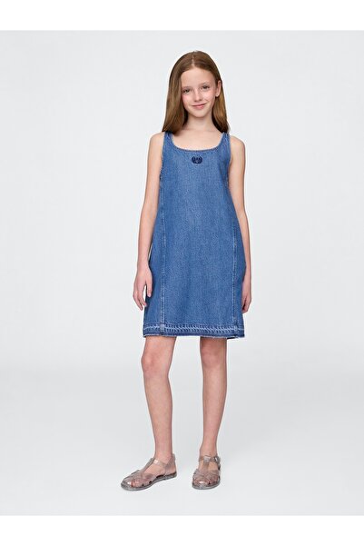 GAP Kız Çocuk Denim Mavi Kids UltraSoft Denim Logo Elbise