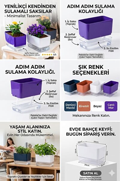 Fırsat Oyuncak Akıllı Saksı Dekoratif Dikdörtgen Akıllı Saksı 3 Adet Çi