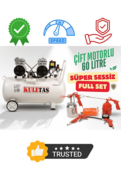 Kuletaş Kompresör Çift Motorlu 60 Litre Süper Sessiz Yağsız - Full Set - 3 Yı...