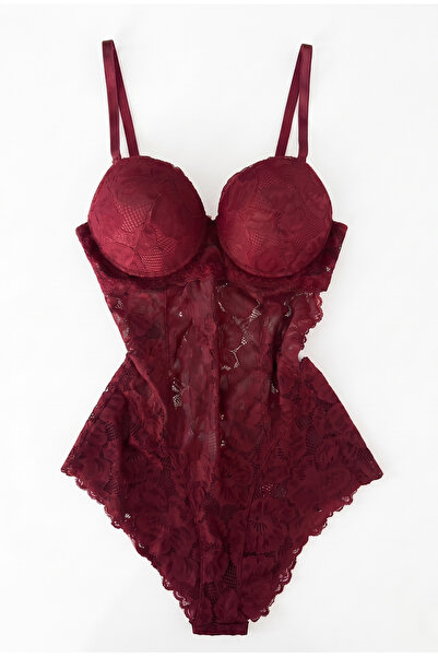 FNC design Kadın Bordo Destekli Balenli Dantelli Büstiyer Bodysuit