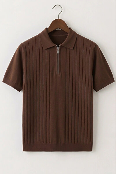 Edwox Tricou pentru bărbați Line cu model cu guler polo, tricotat, maro Cd168
