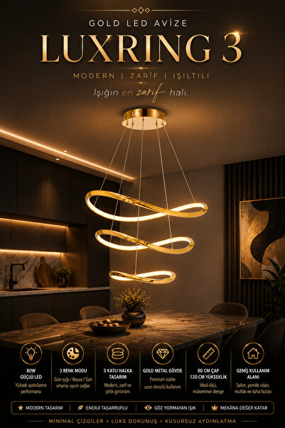 Elvora Home Modern (PREMİUM) LED Avize Gold 3 Katlı Halka Tasarım 3 Renk Salo...