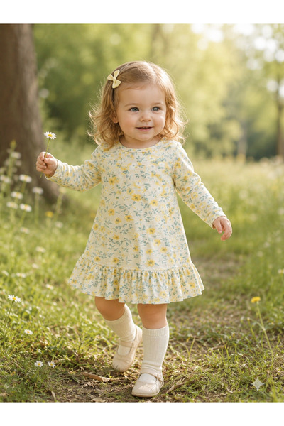 difa kids Pamuk Kız Bebek Mevsimlik Çiçekli Elbise Krem 6-9-12-18 Ay