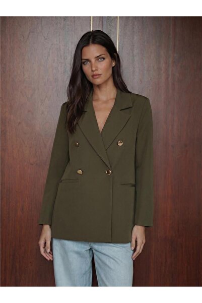 WeShaya Khaki Polyester Lycra Fabric Double-Breasted Collar Button Detailed B...