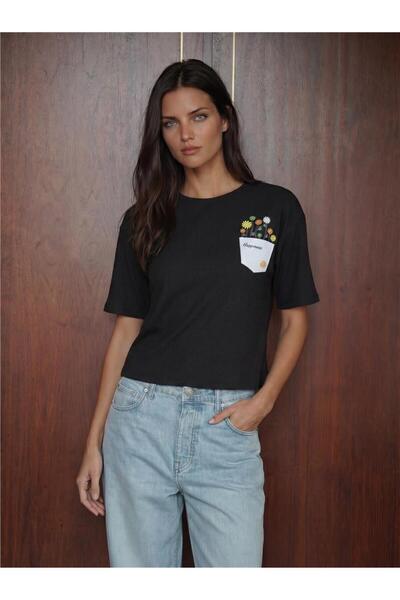 WeShaya Tricou negru din țesătură elastică tricotată, cu mânecă scurtă, cu im...
