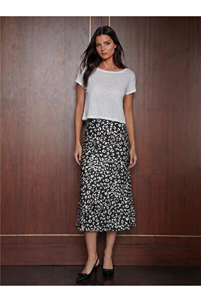 WeShaya C.Black and White Patterned Satin Fabric Long Straight Cut Lined Midi...