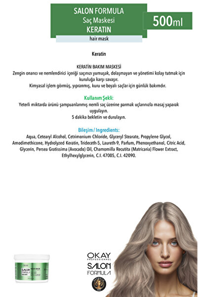 OKAYPROFESSIONNEL SALON FORMULA Yıpranmış Saçlar İçin 2'li KERATIN Saç Maskesi (500ml x 2 adet)