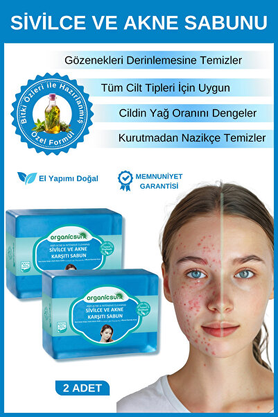 Organicsun Doğal Akne ve Sivilce Karşıtı Sabun 140 Gr x 2 Adet Tüm Cilt Tiple...
