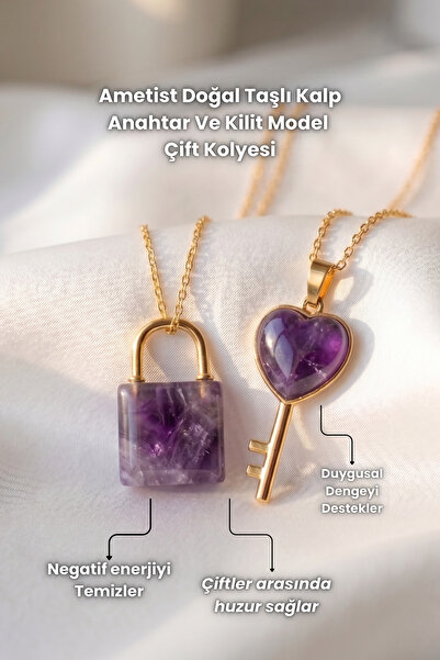 Elifsu Jewelry Ametist Doğal Taşlı Kalp Anahtar Ve Kilit Model 2'li Set Çift ...