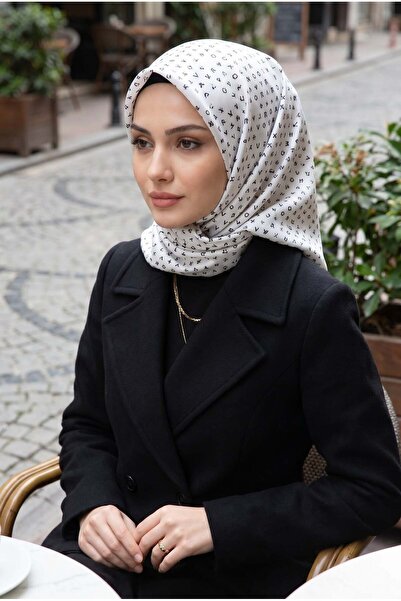 Vissona %100 Twill İpek Çıtır Motif Desenli Krem - Siyah Renkli 90x90 Eşarp D...