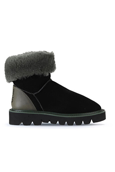 Bueno Shoes Χακί Μαύρο Δερμάτινο-Σουέντ Γυναικείες Flat Μπότες 01wv10205