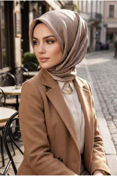 Vissona %100 Twill İpek Minik V Desenli Bej Renkli 90x90 Eşarp Dikim Şekli : ...