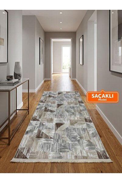 NaRStore Home Dinar Saçaklı Gri Kahve Kaymaz Taban Yıkanabilir Kesme Yolluk H...