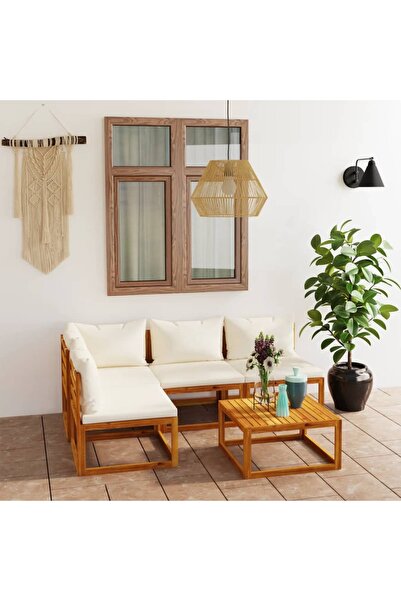 Concept 3057657 5 Piece Garden Lounge Set with Cushion Cream Solid Acacia Woo...