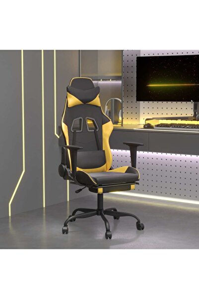 Concept Scaun de gaming cu suport picioare negru/auriu, piele ecologică