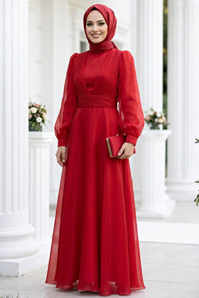 Neva Style Drape Detaylı Kırmızı Tesettür Abiye Elbise 45701K