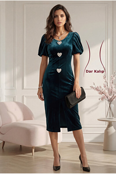 Aysan Moda Kadın Kalp Taş Detaylı Yırtmaçlı Kadife Abiye Elbise