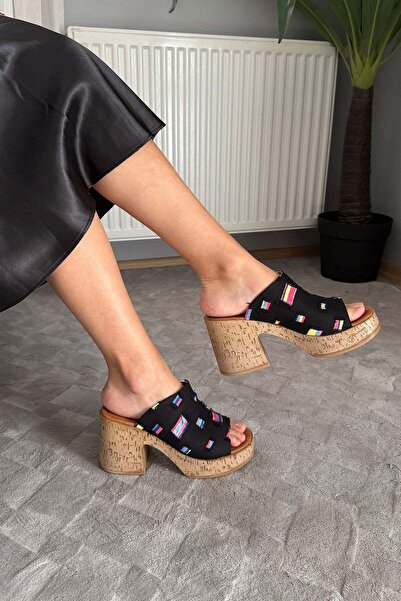 Preshley Women's Silva Black Denim Cork Sole Orthopedic Platform Heel Slippers