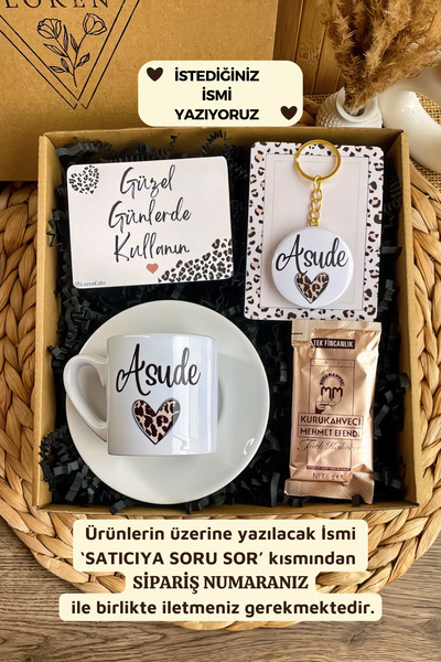 Loren Gift Leopar Kalp Temalı Kişiye Özel İsimli Türk Kahvesi Fincanı & Anaht...
