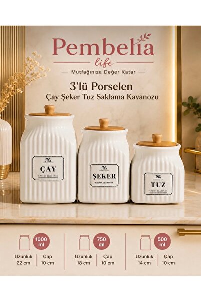 Kitchen Pembelia 3 Boy Bambu Kapaklı Porselen Çay Şeker Tuz Kahve Kavanoz Sak...