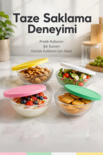 Vienev 4'lü Renkli Kapaklı Cam Kase Seti 415 cc - Kahvaltılık Saklama Kabı