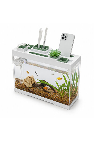 MZ Desktop Aquarium with Phone Stand Pen Holder Plant Pot USB Filter LED Ligh...