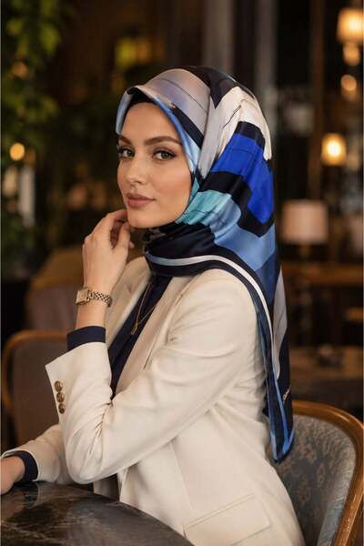 Vissona 100% حرير تويل بطباعة هندسية بطباعة أثر أزرق داكن - وشاح ملون مقاس 90...