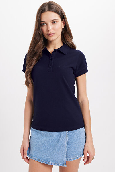 Tudors Kadın Slim Fit Dar Kesim %100 Pamuk Polo Yaka Lacivert Pike Tişört
