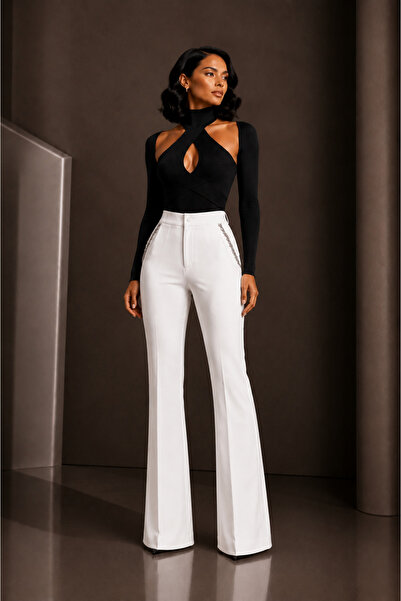 MERT ERKAN White Crepe Flare Pants with Pocket Mouth Stone Embroidery & Slits...