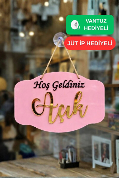 Kutaydan Gold Pleksi Detaylı 3D Ahşap Açık-Kapalı Tabelası - Pembe