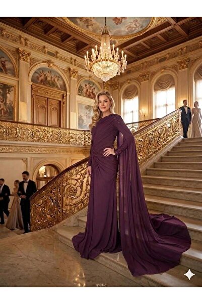 Kenzel Long Sleeve Stone Embellished One Sleeve Cape Long Evening Dress