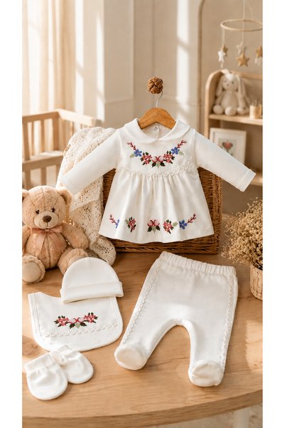 Arin Baby 5-Piece Organic Cotton Floral Embroidered Newborn Baby Girl Hospital Discharge Set / Baby Girl Bodysuit Set