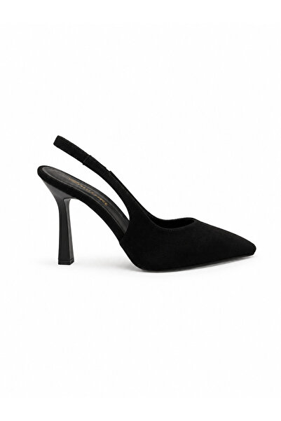 Women's Suede Black Elastic High Heel Shoes with Open Back