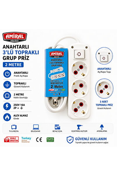 amiral 3'lü 2 Mt.grup Priz Uzatma Anahtarlı Kablolu