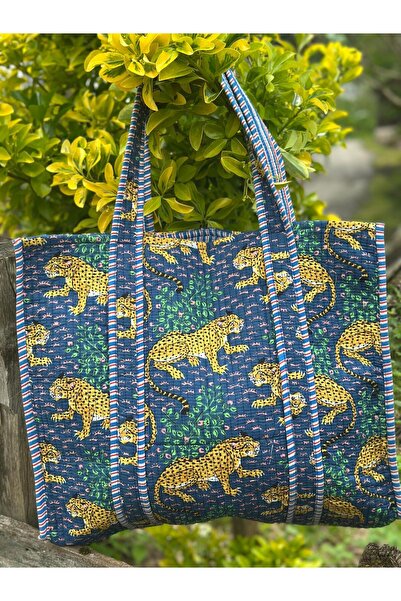 Yoncha Kapitoneli Kaplan Desenli Tote Bag – Büyük Boy Print Baskı Kumaş Çanta