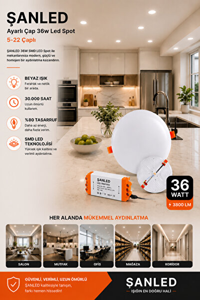 ŞANLED Ayarlı Çap 36w Beyaz Işık Led Spot (5-22 Çaplı )-1 Adet