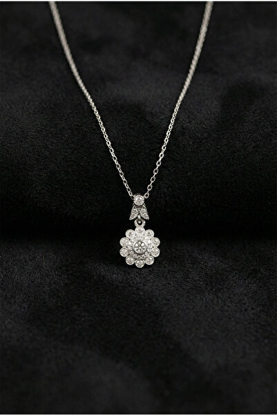 Roza Silver 925 Ayar Zirkon Taşlı Rodyum Elmas Montür Çiçek Gümüş Kolye