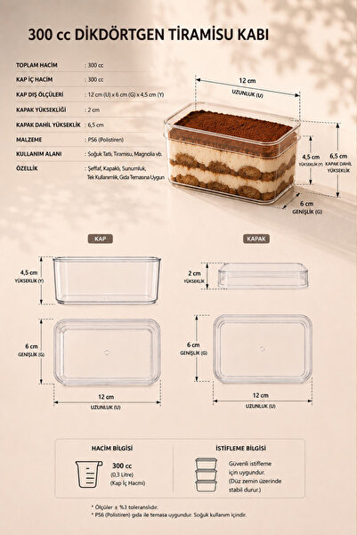 Ezupack 6'lı Tiramisu Cup 300 cc Mika Kase Plastik Şeffaf Kapaklı Sunum Kabı Tatlı & Meze Ve Salata Kap