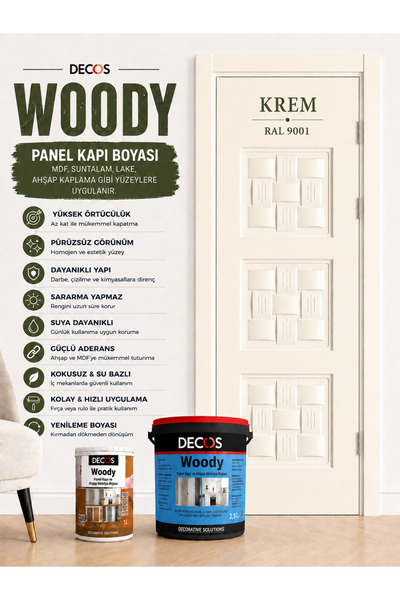 DECOS WOODY - Panel Kapı ve Panel Ahşap Boyası Su Bazlı Kokusuz 8 farklı renk...