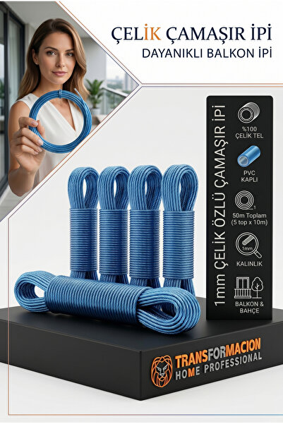 Transformacion 50 Metre Çelik Çamaşır İpi, PVC Kaplı Paslanmaz Balkon Teli, E...