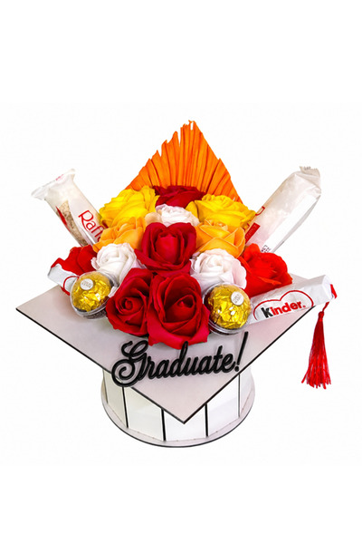 velve Graduation arrangement, in a white toca box, with sweets, palm leaf and...