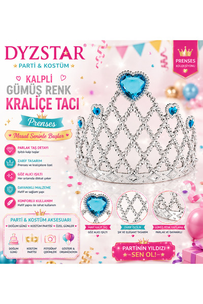 DYZSTAR Heart Stone Detailed Silver Color Princess and Queen Crown