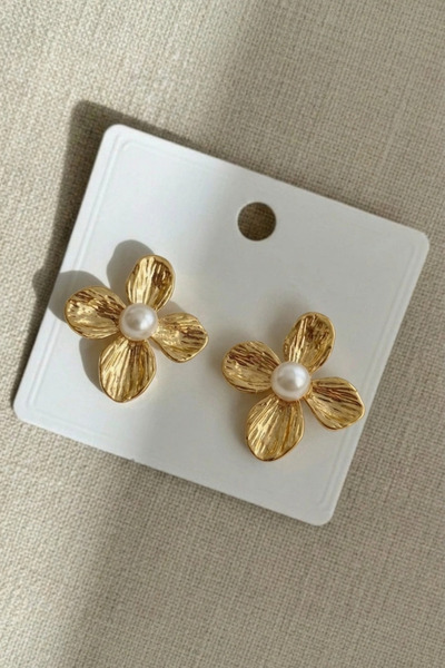 Crc Bijuteri Gold Renk İncili Çiçek Küpe