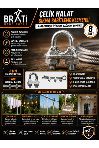 BRATİ HAND TOOLS Çelik Halat Sıkma Sabitleme Klemensi 6 mm Çamaşır İpi Sıkma ...