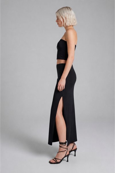 Fovere Women's Black Elastic Waist High Waist Deep Slit Jersey Long Skirt