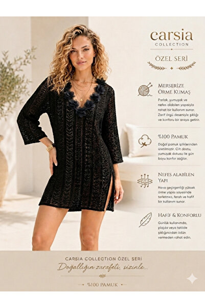 CARSİA Collection Siyah Ajurlu Dantelli Pamuklu Oversize Plaj ve Şık Özel Gün...